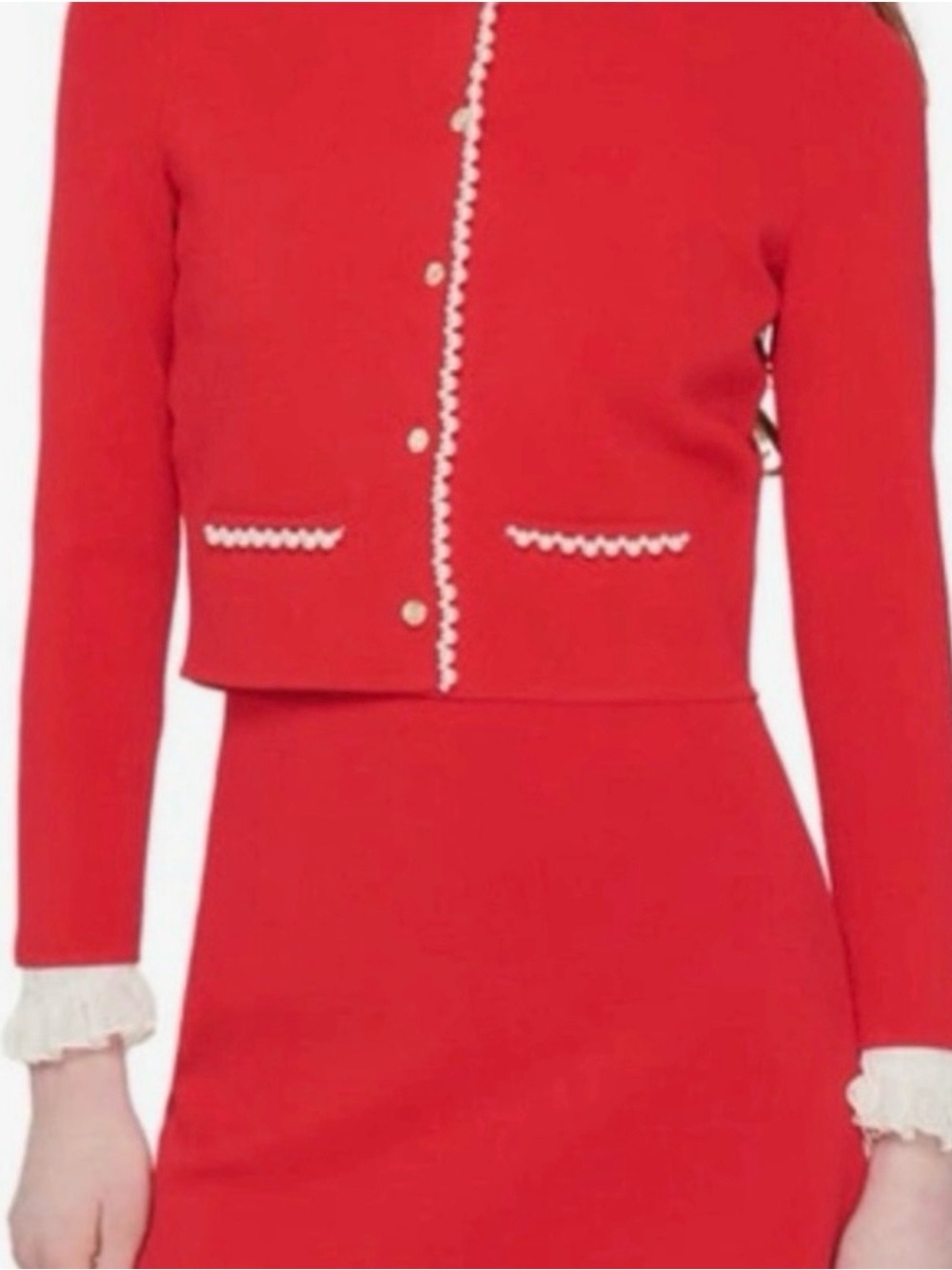 SANDRO red two piece Knit Set with pearls - cropped button up and skirt